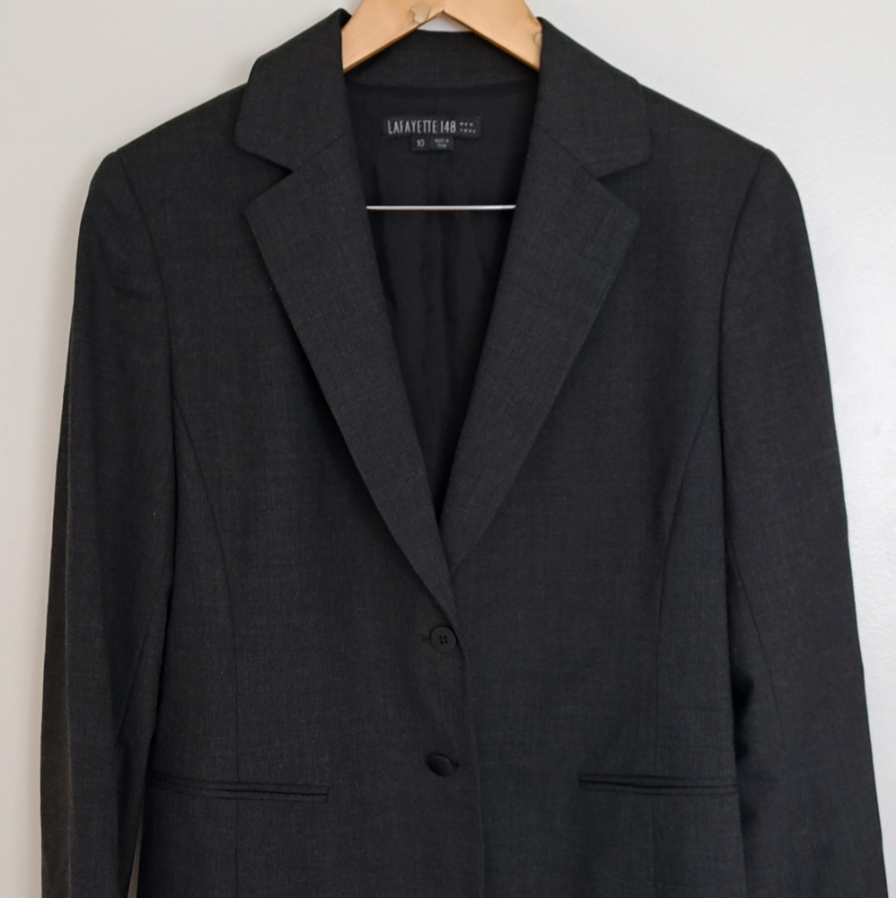 Lafayette 148 single breasted blazer in charcoal color wool fabric.  Classic fit